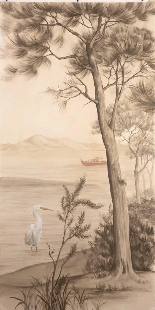 Décor mural de la collection Âme du Bassin, inspiré de la flore et de la faune du Bassin d’Arcachon, en fresque ou papier peint à la main