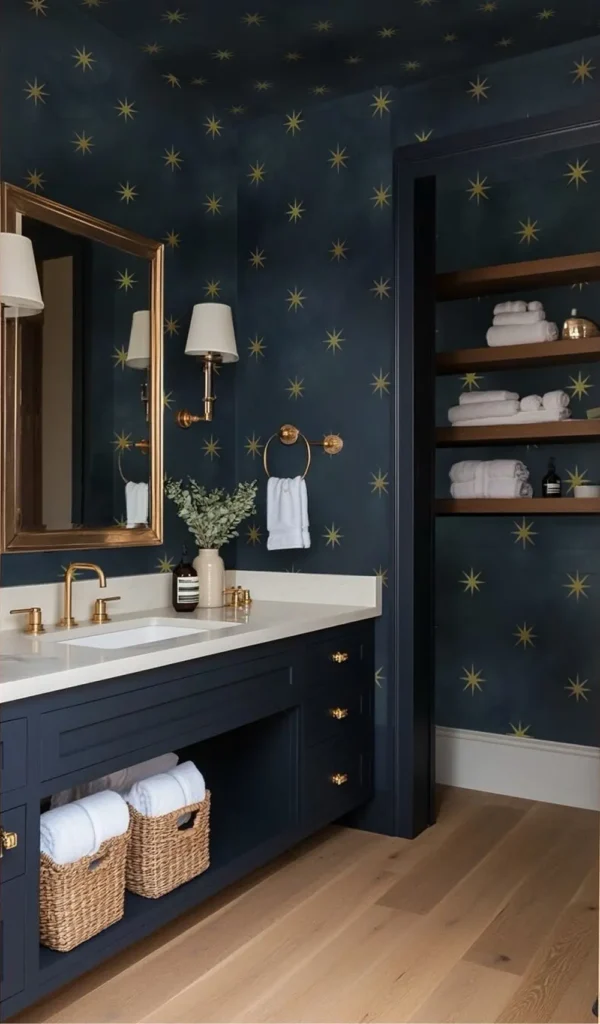 Peinture murale artisanale inspirée du ciel étoilé, étoiles dorées, parfait pour saille de bain.
